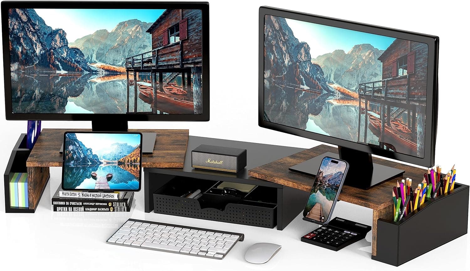 Simple Houseware Dual Monitor Stand Riser with Drawer and Side Caddies