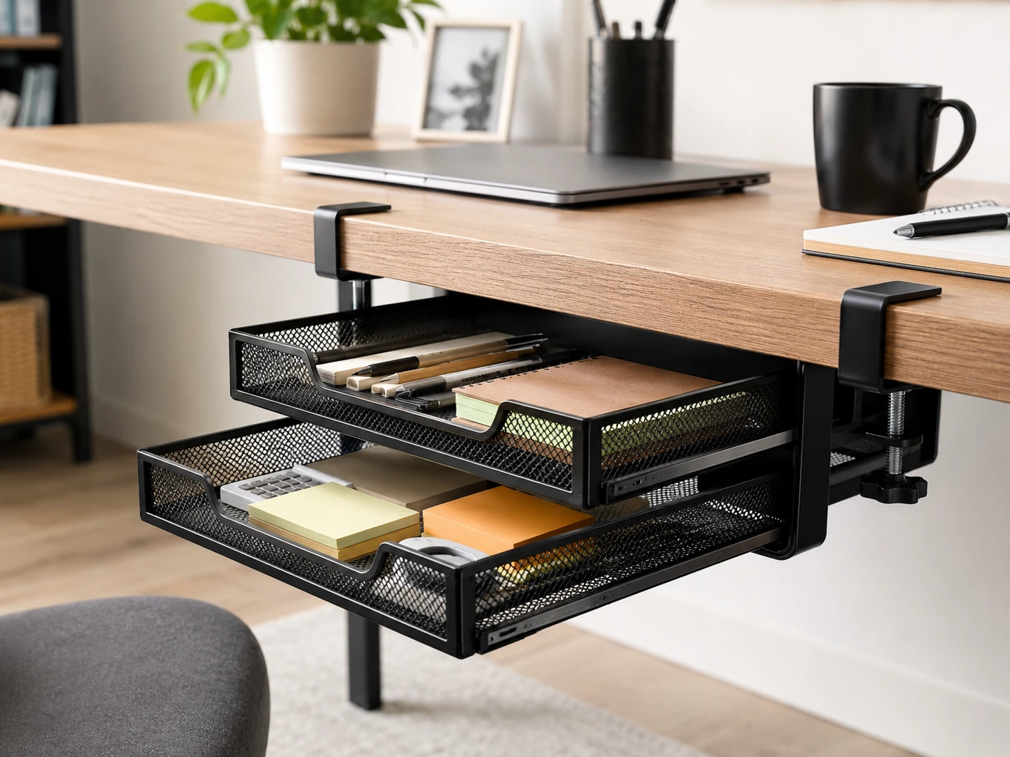 Homeify Clamp-On Under Desk Drawer, Mesh Metal, 2 Slide-Out Drawers, Patent Pending, Black