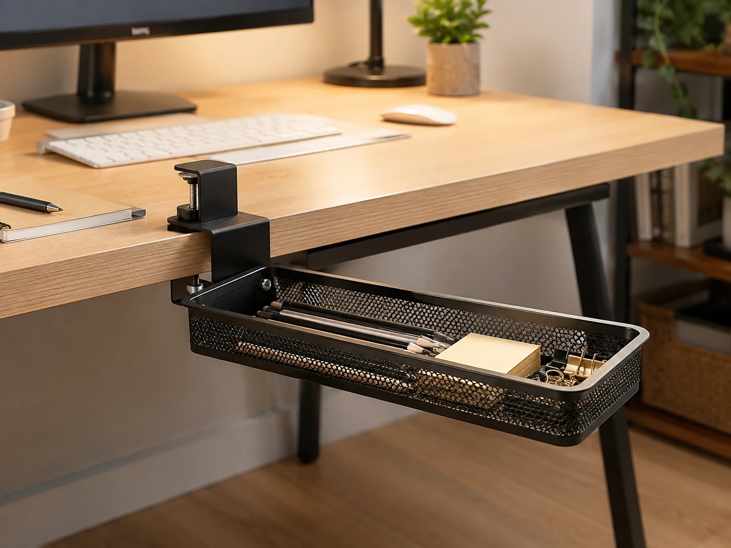 RHBLME 360-Degree Rotating Clamp-On Desk Drawer, Swivel Pencil Drawer, Metal Mesh, Black