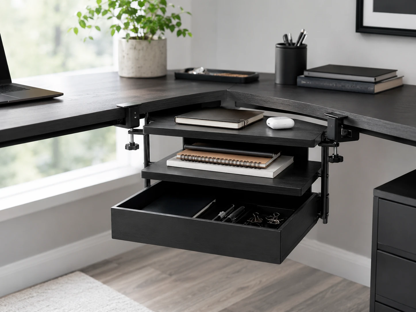 VIVO Corner Clamp-On Under Desk Drawer and Shelf System, 3-Level, Black