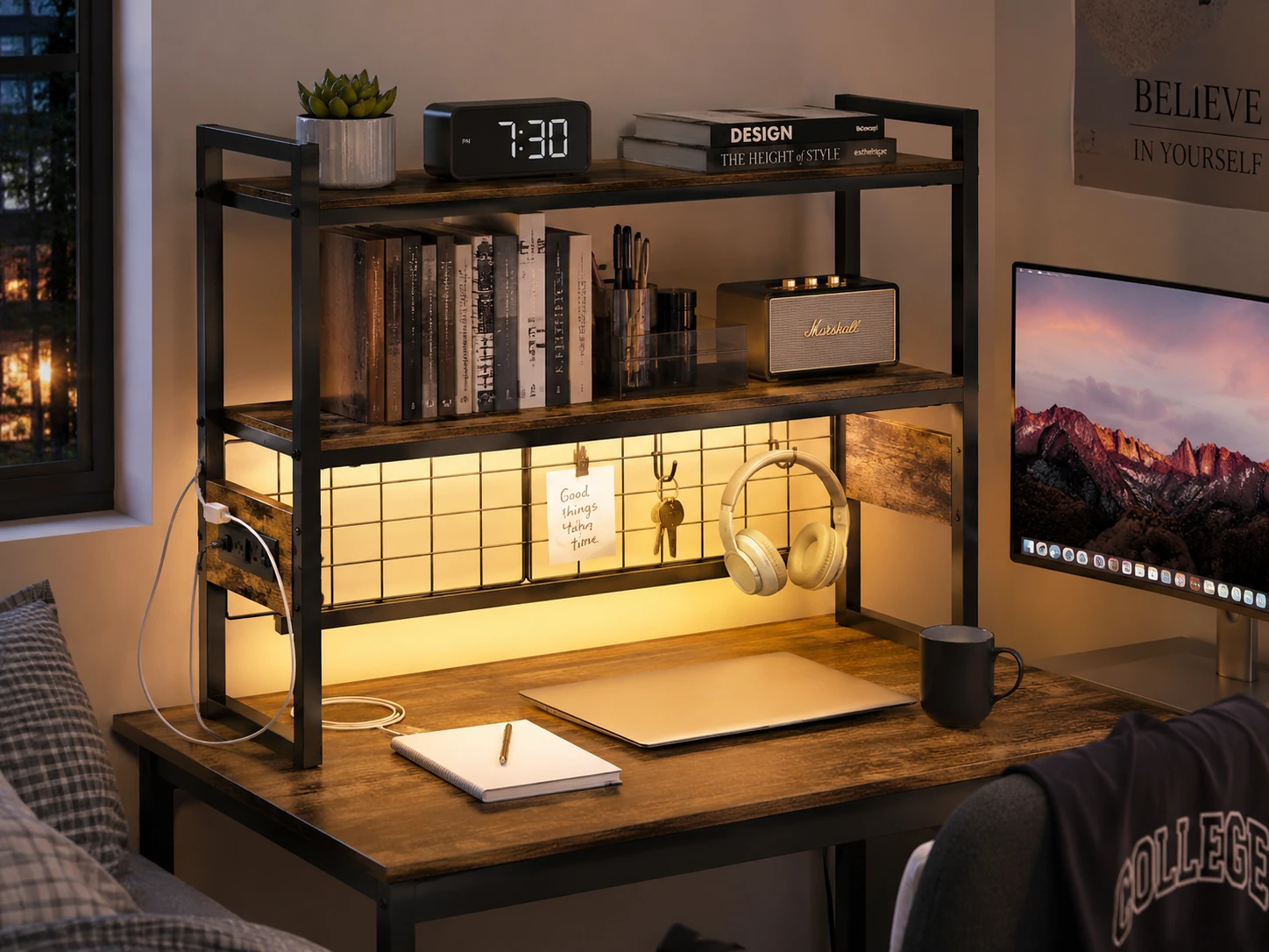 HOOBRO Desktop Bookcase with LED Light Strip and Outlets