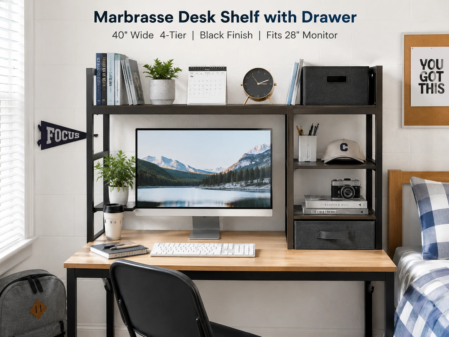 Marbrasse Desk Shelf with Drawer, 40-inch Wide, 4-Tier, Black