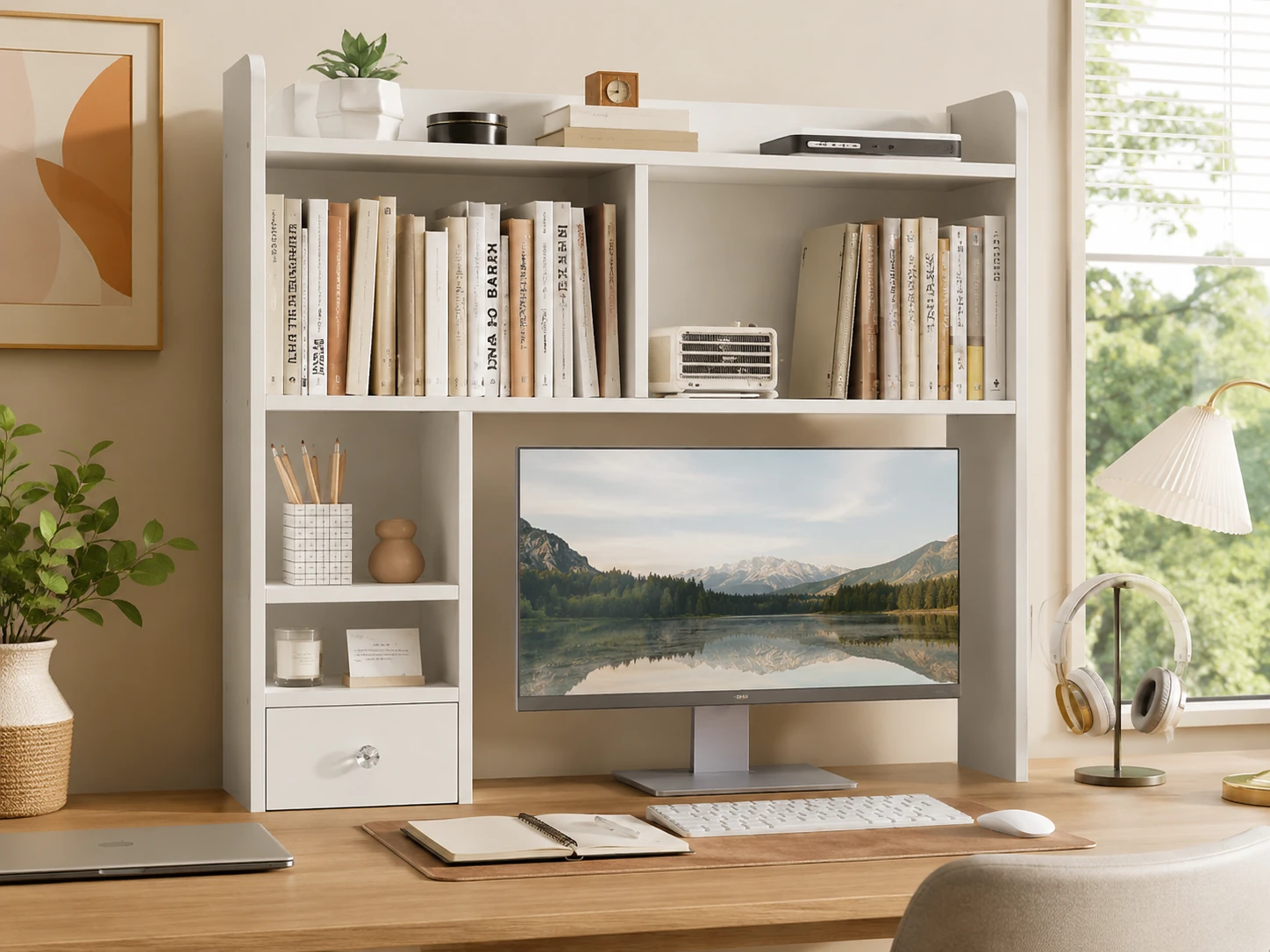 ChooChoo Desktop Bookshelf with Drawer, White, 36.4-inch