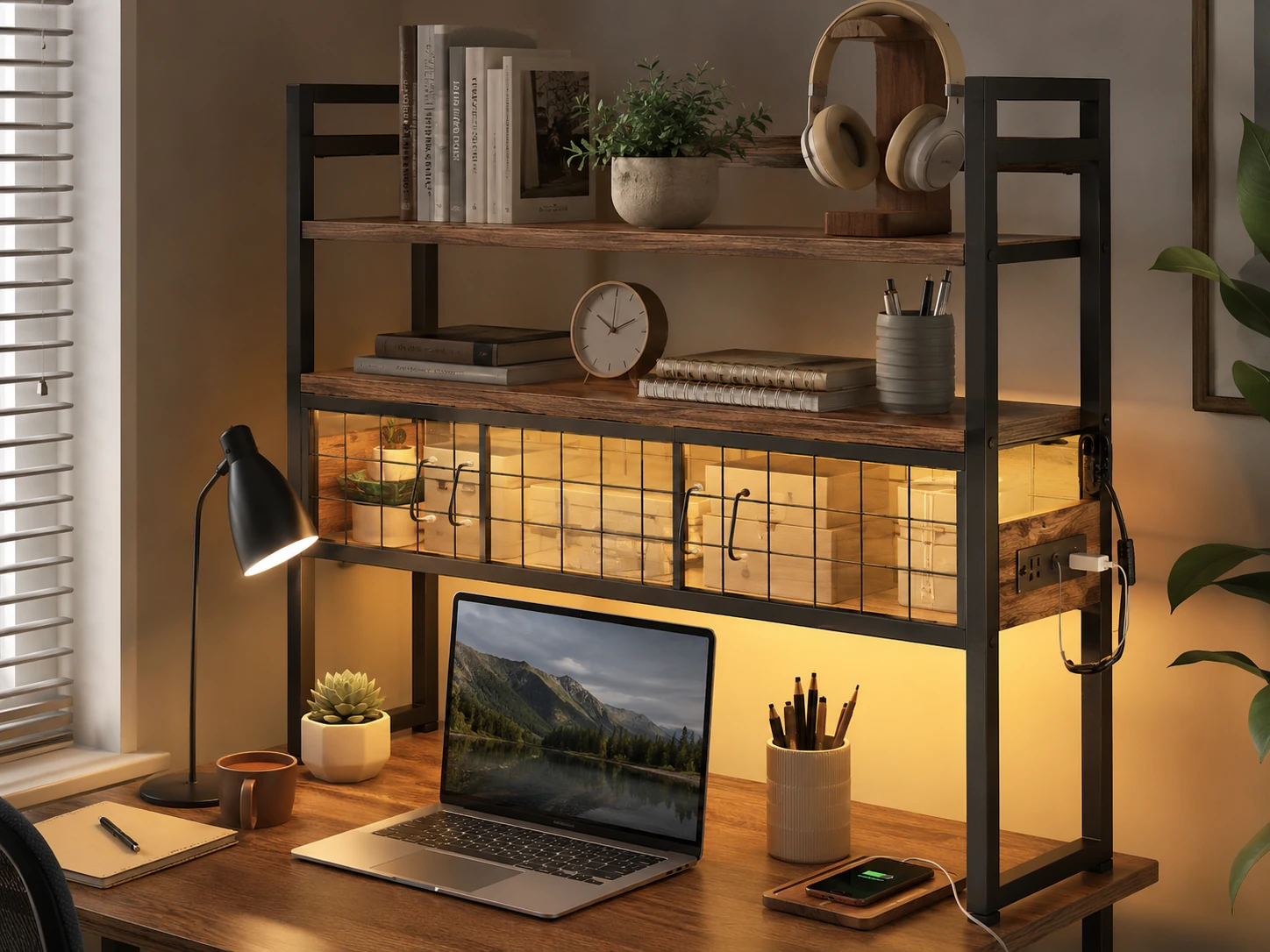 HOOBRO Desktop Bookcase with LED, Outlets, and USB Ports