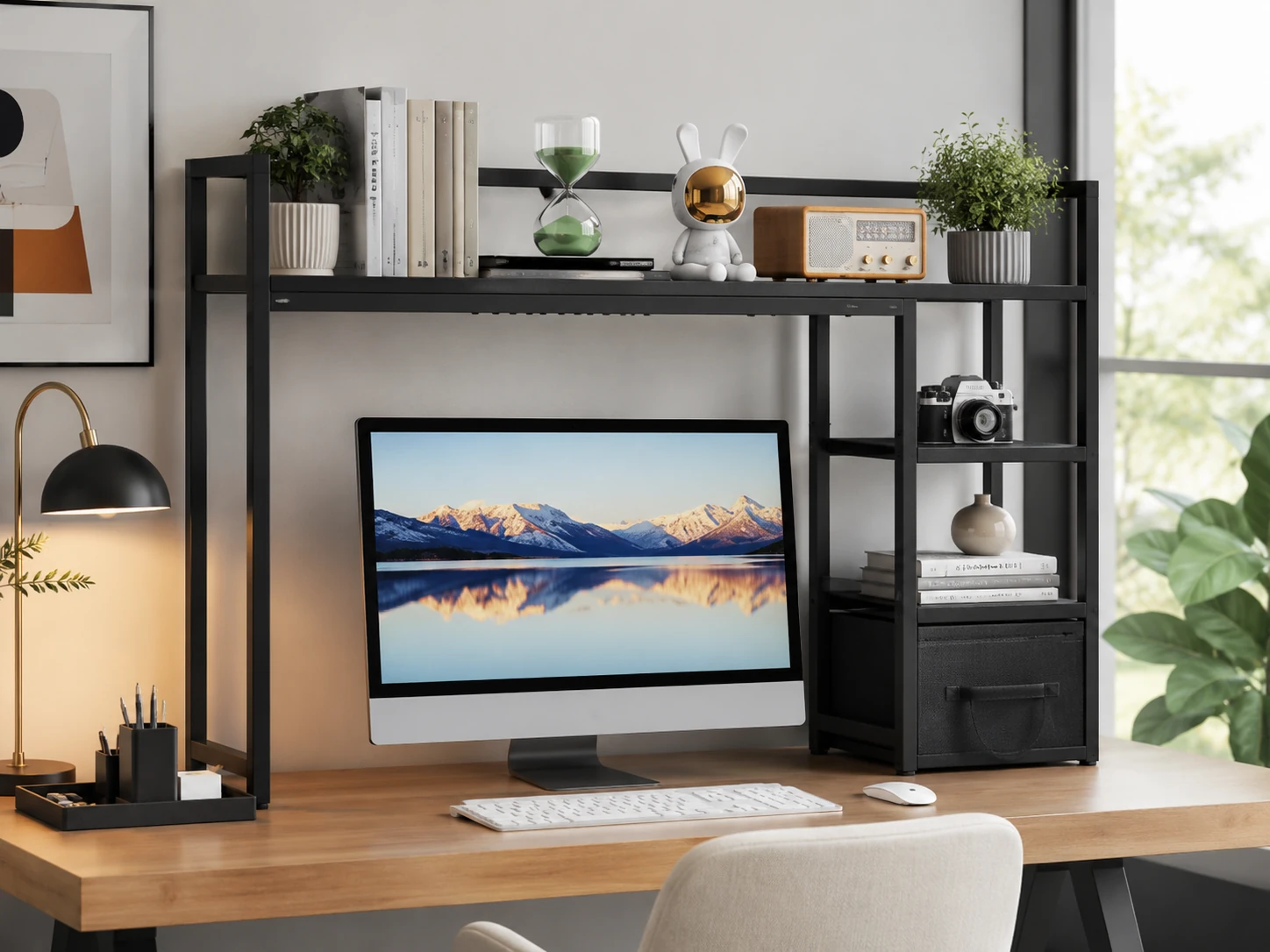Marbrasse Desk Shelf with Fabric Drawer, 40-inch, Black