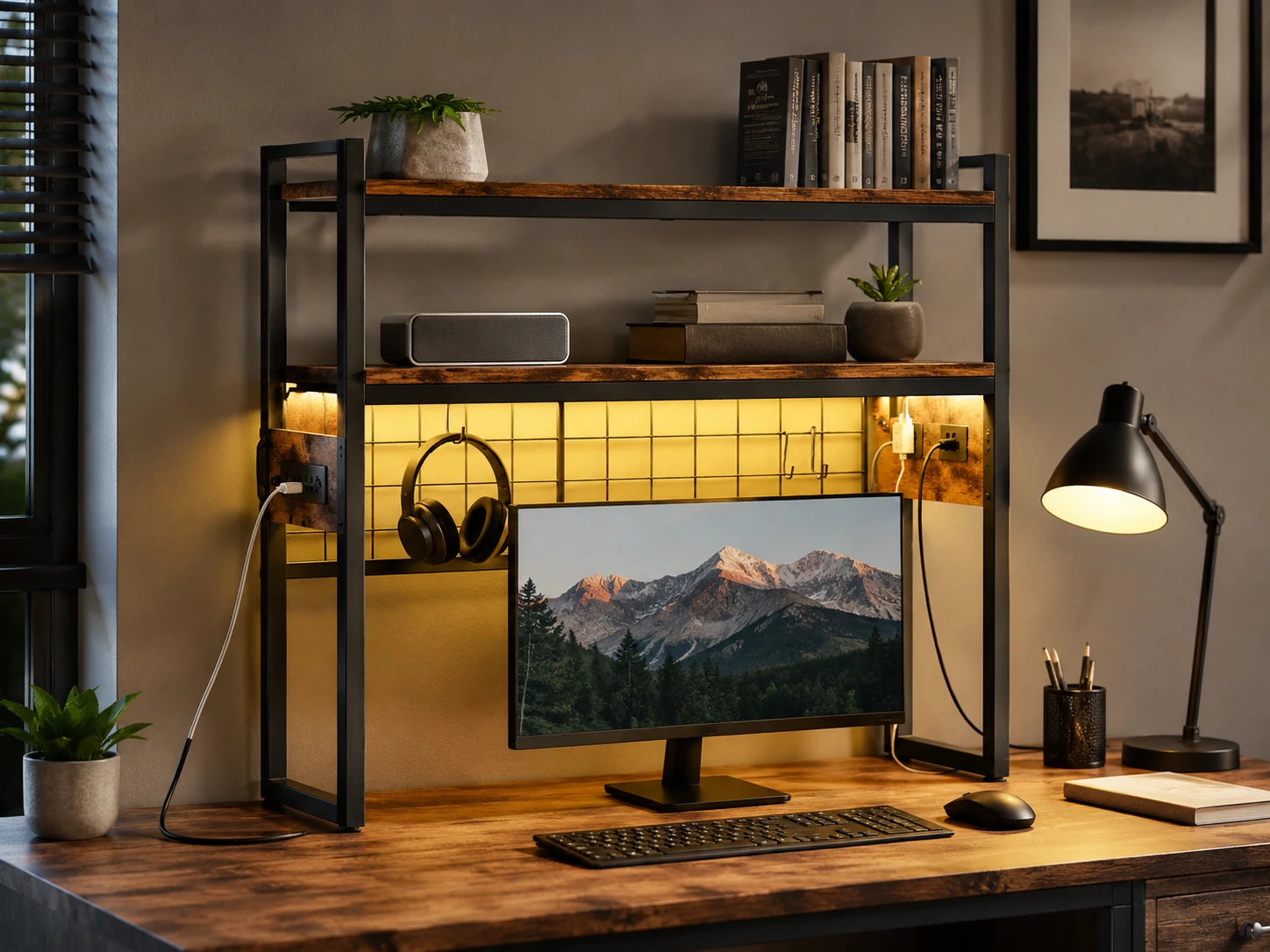 HOOBRO Desktop Bookcase with LED Light Strip and Outlets