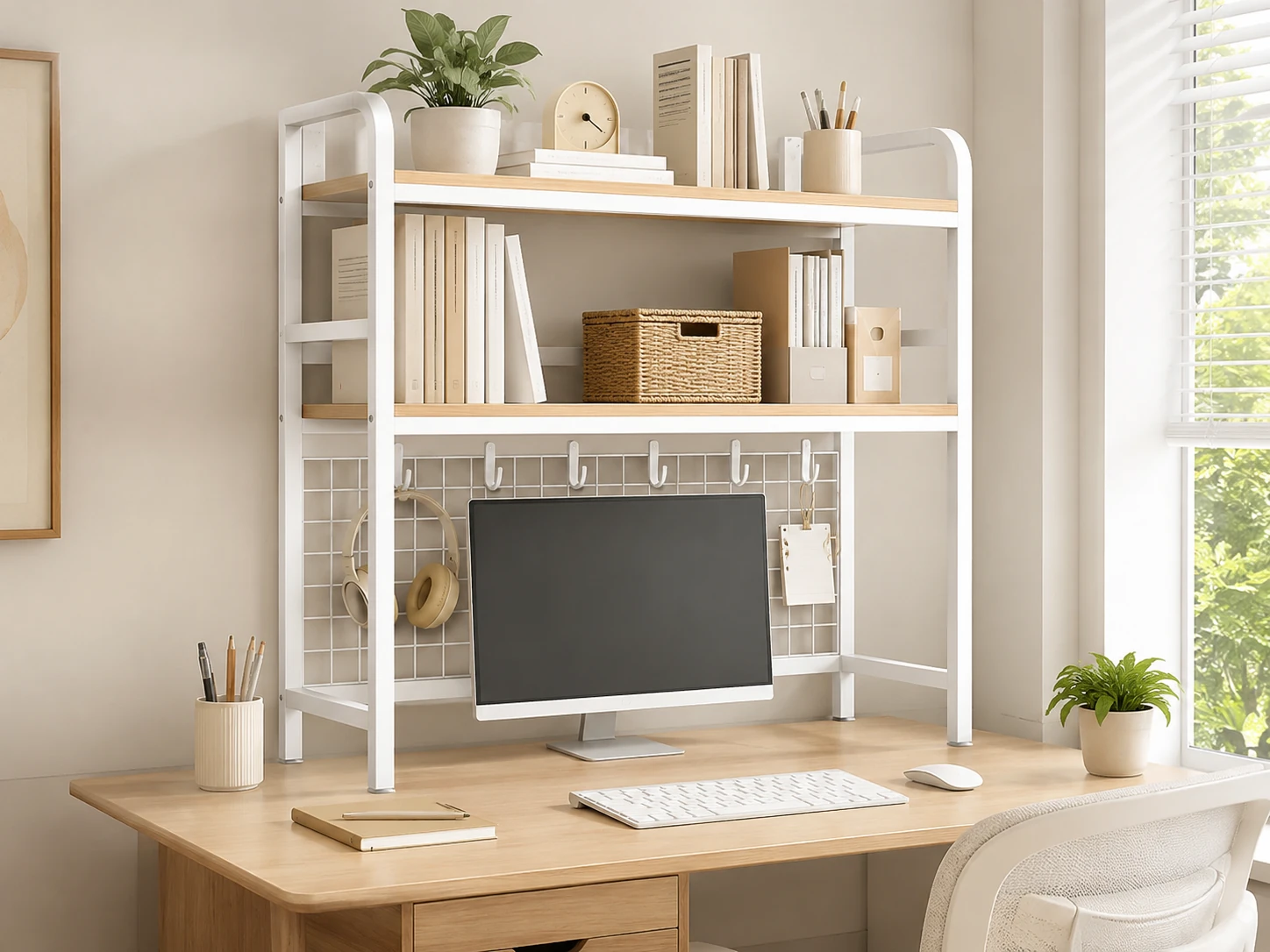 IOTXY 2-Tier Desktop Hutch with Grid Panel, White