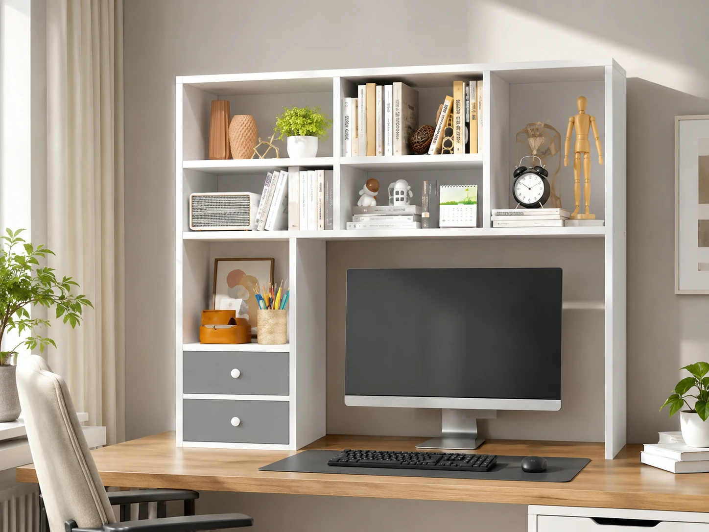 REIBII Desktop Bookshelf, 7 Shelves, 2 Drawers, White