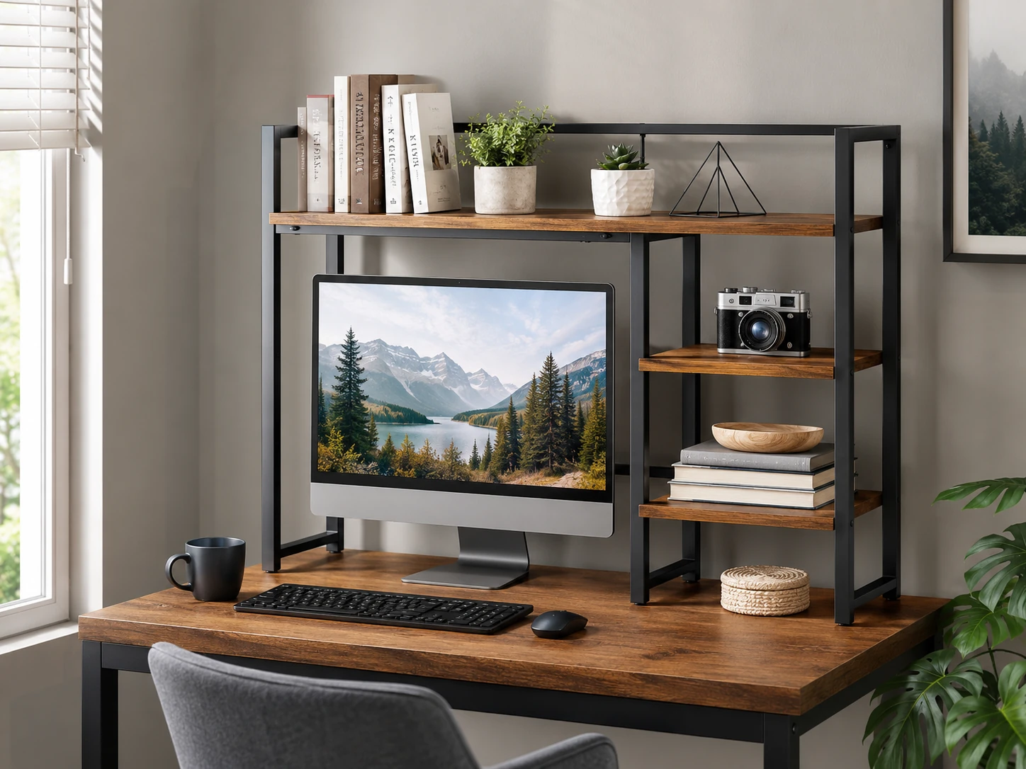 Snughome 38.6-inch Desk Shelf, 4-Tier, Rustic Brown