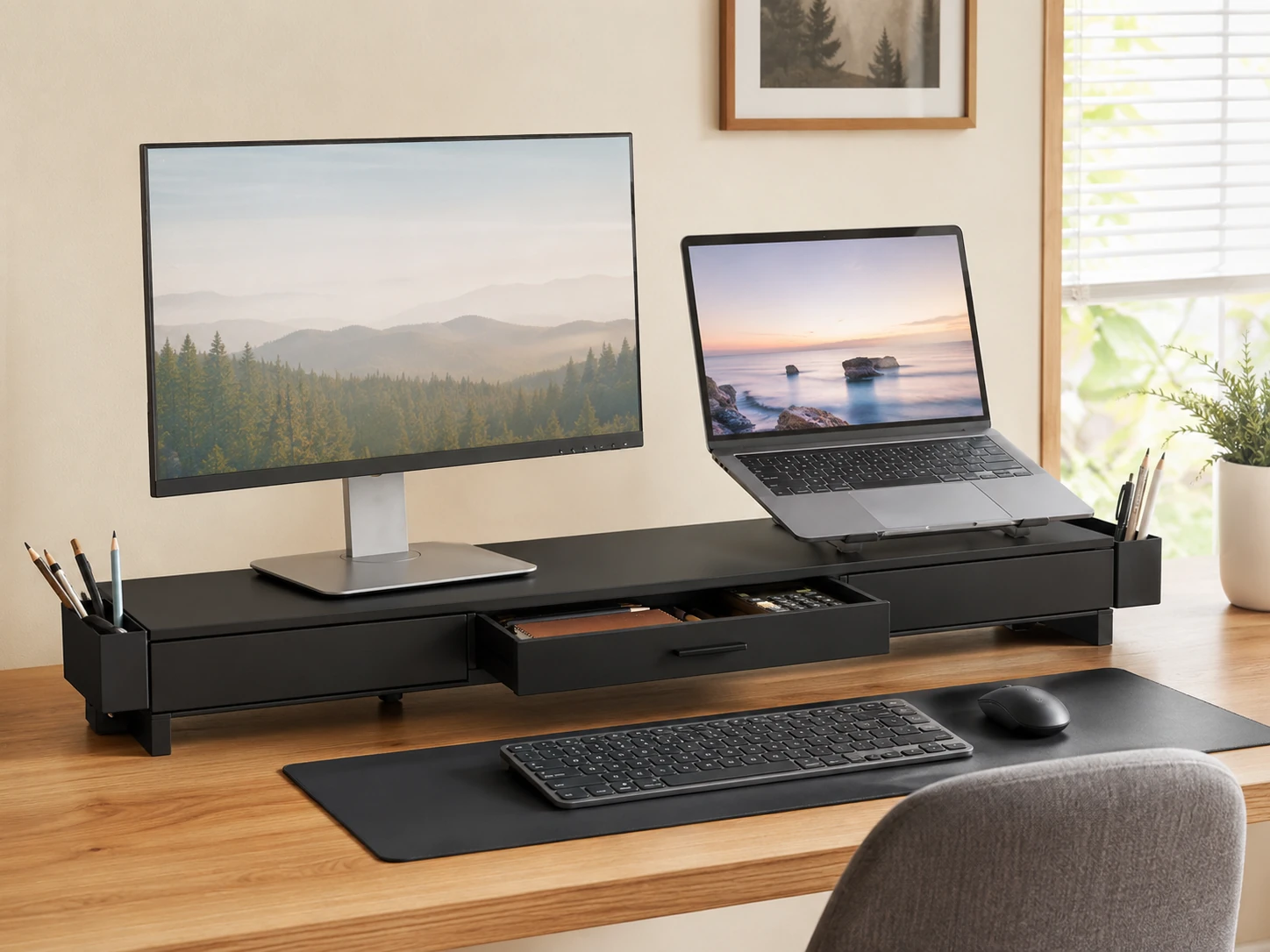 gianotter Dual Monitor Stand Riser, 40.6 inch, Drawer and 2 Magnetic Pen Holders, Metal