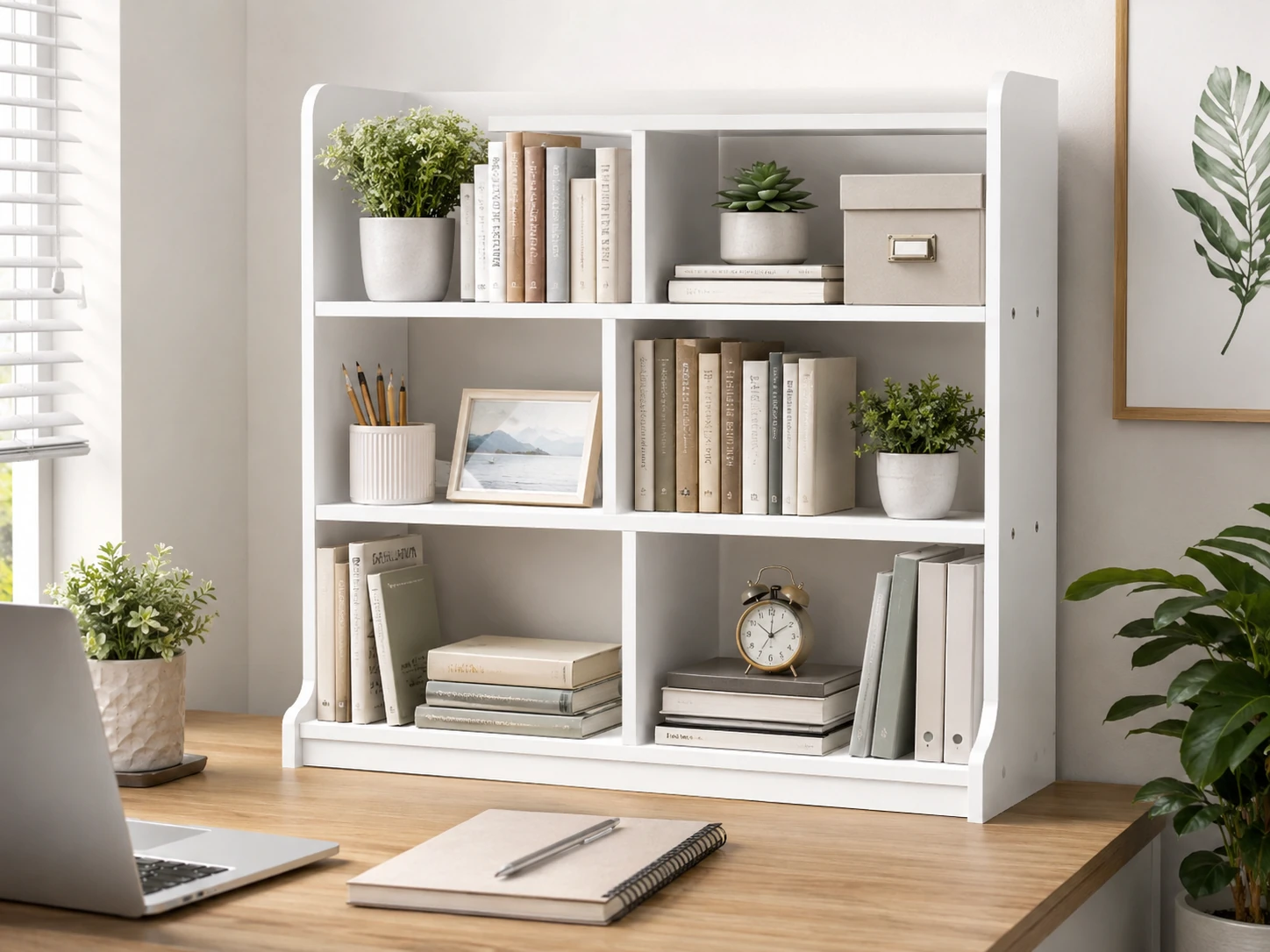 Nromant Desktop Bookshelf, 36 inch W x 31.5 inch H, 6 Shelves, 70 lbs, Anti-Tip Anchors, White