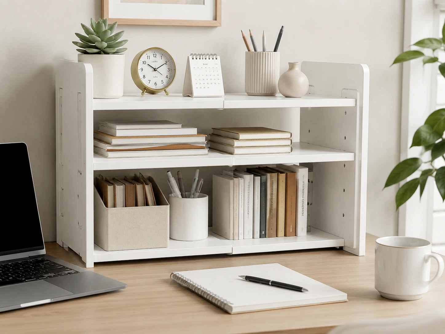 NUTIKAS Desk Shelves Desktop Organizer, Adjustable Width 16.2 to 27.8 inches, 3 Shelves, Wood, White