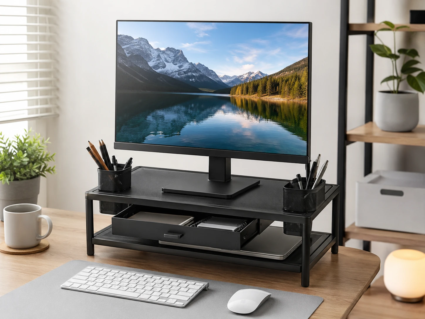 OPNICE 2-Tier Monitor Stand Riser, Drawer and 2 Pen Holders, Metal, 44 lbs