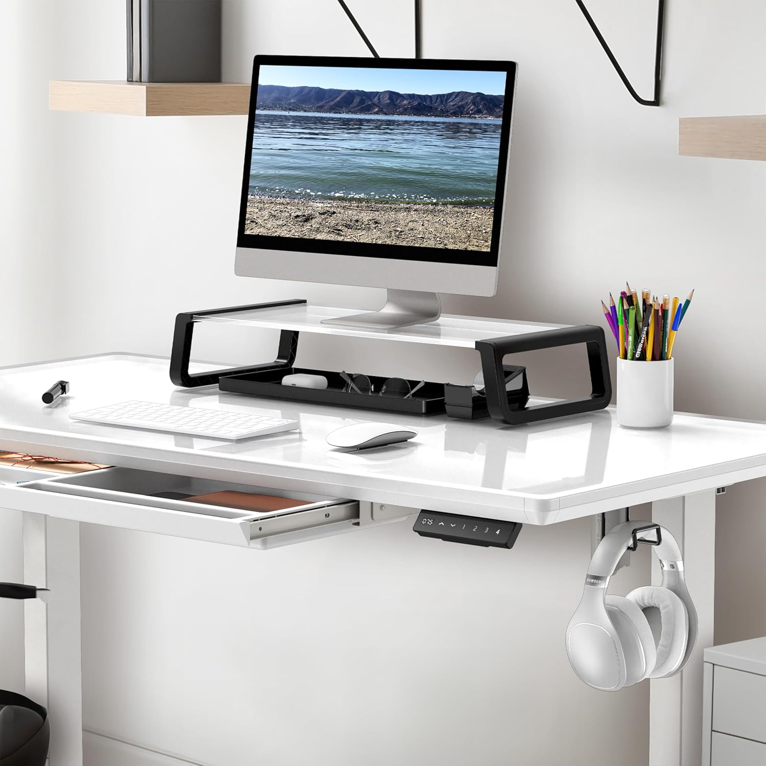 SHW 48x24 inch Glass Standing Desk with Monitor Riser