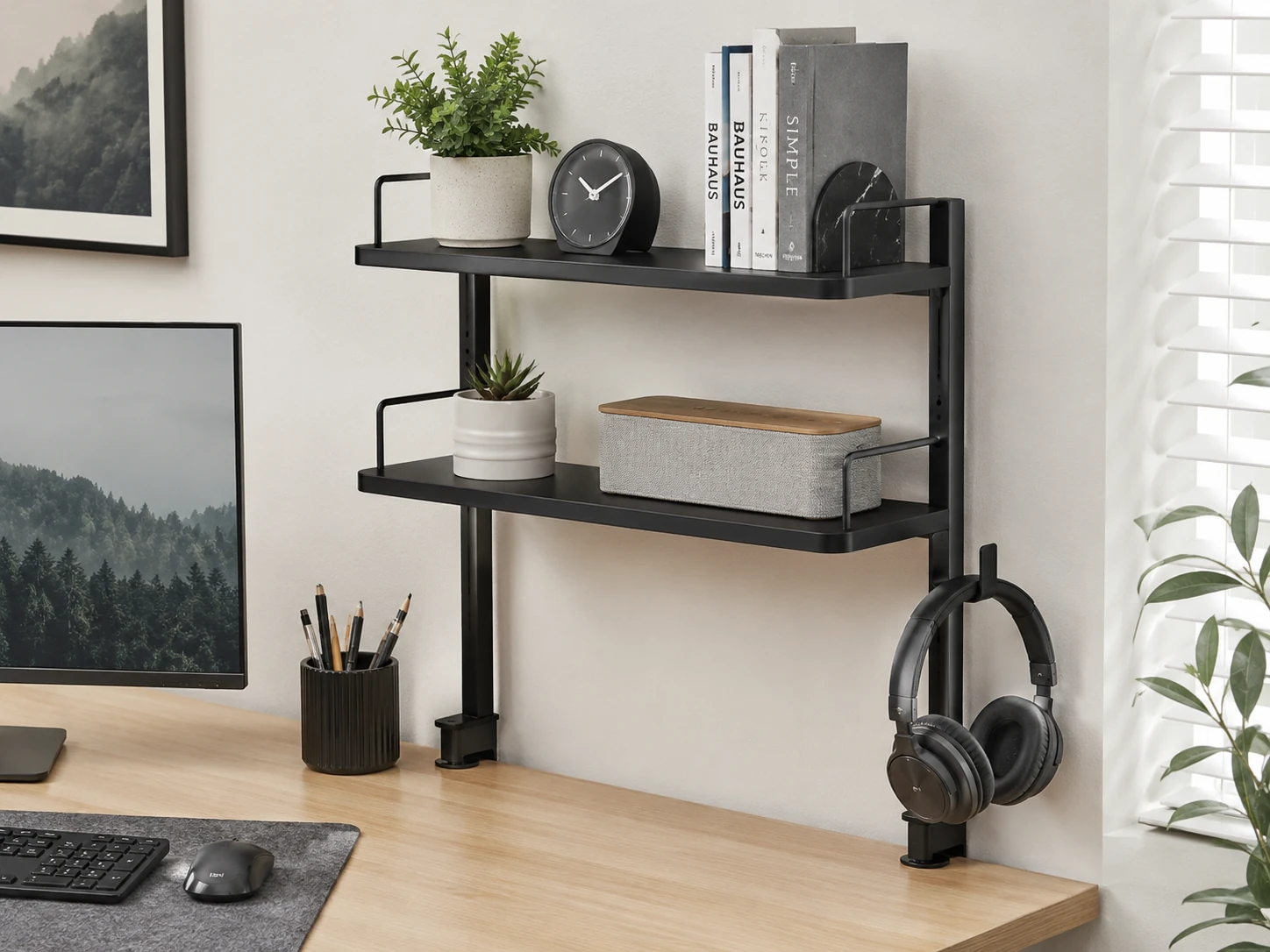 ARES WING 2-Tier Clamp-On Desk Shelf, 16 inch, Alloy Steel, 44 lbs, Headphone Holder, Black