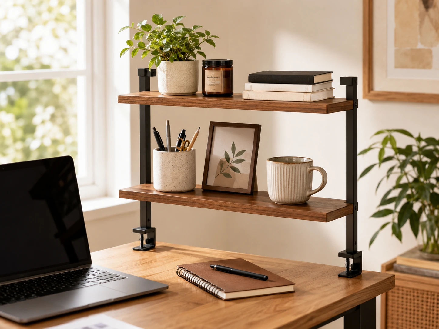 ART-GIFTREE Clamp On Desk Shelf 2-Tier, 12.5 inch, Natural Wood, 30 lbs, Dual C-Clamps, Brown