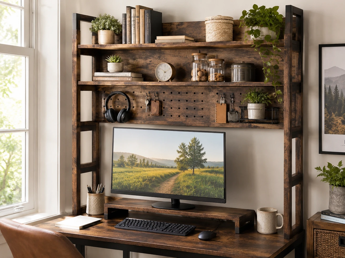 Snughome Desk Shelf 38.6 inch, 4-Tier Desktop Organizer Hutch, Pegboard Hooks, Rustic Brown