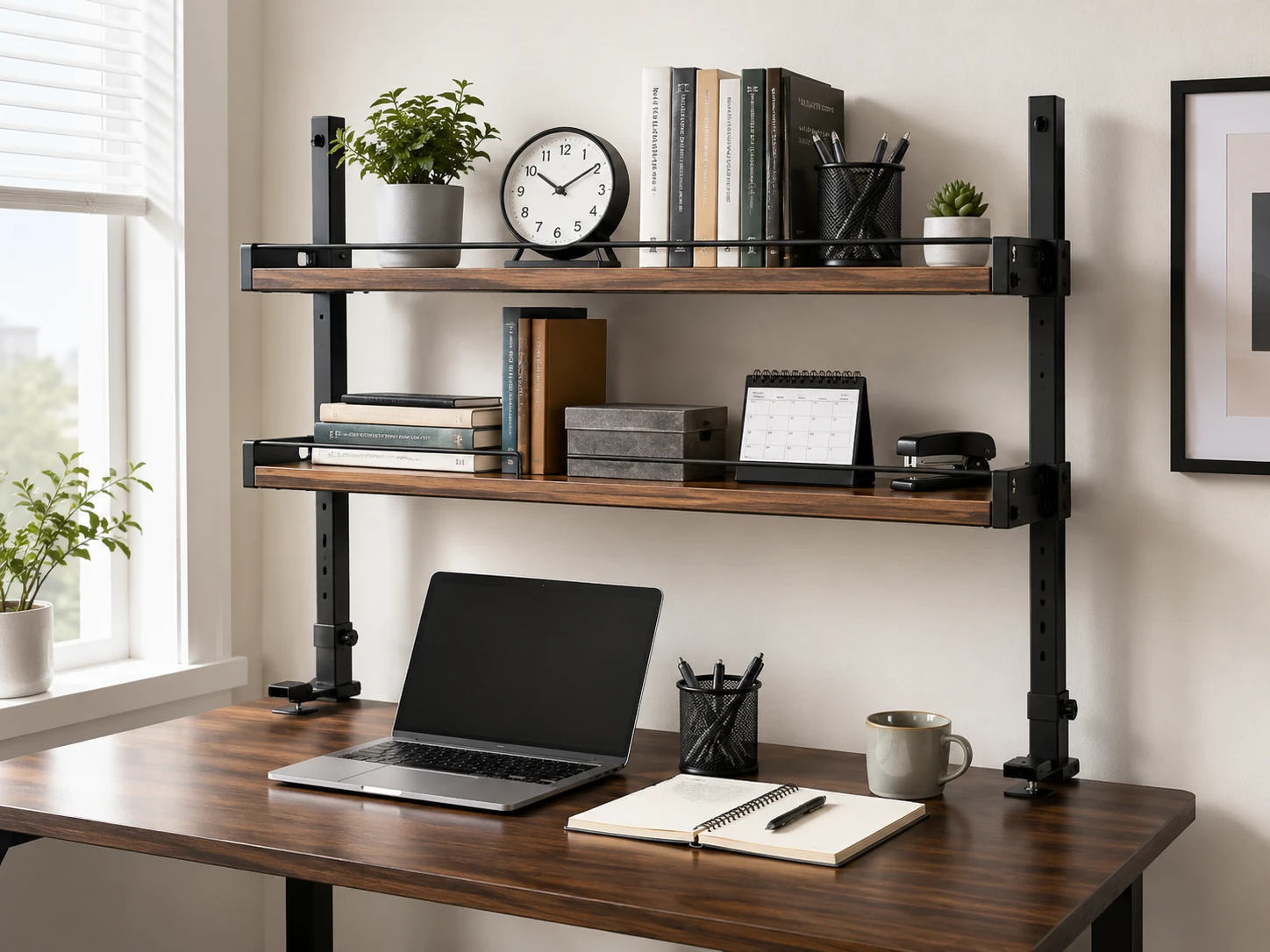 Spacrea Clamp On Desk Shelf 2-Tier, Adjustable Height, Fence Edge, Double C-Clamps, Black