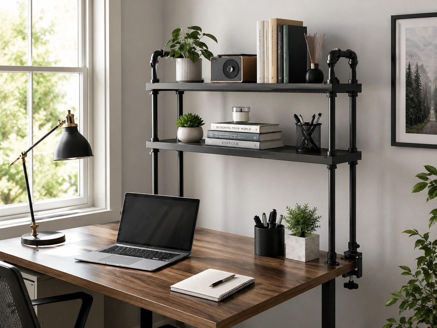 VIVO Clamp-On Premium 16 inch Industrial Pipe 2-Tier Shelf, 33 lbs Per Shelf, Sit-Stand Compatible, Black