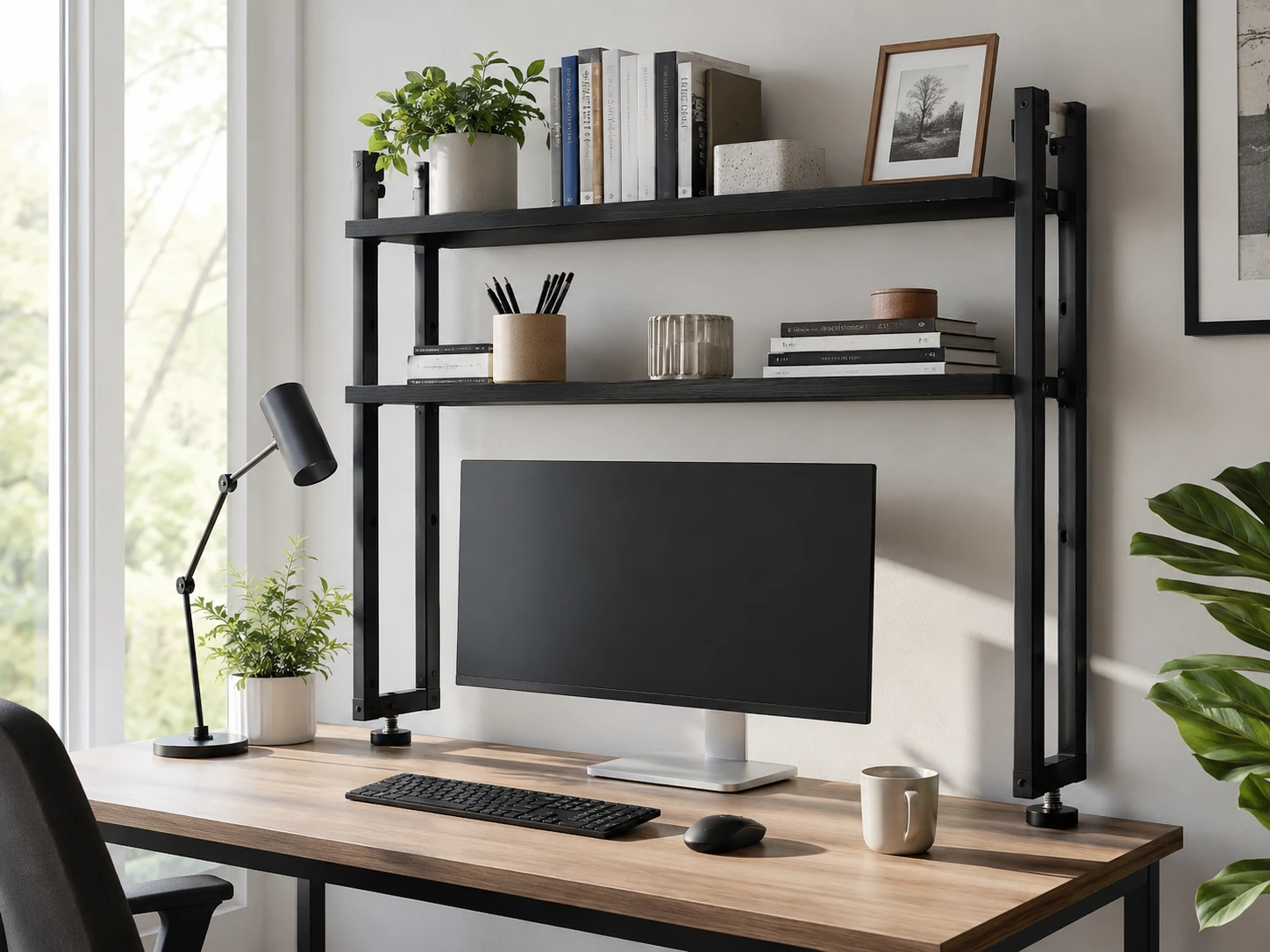 VIVO Clamp-On 30 inch Above or Below Desk 2-Tier Shelving, Patent-Pending, Height Adjustable, Sit-Stand Compatible, Black