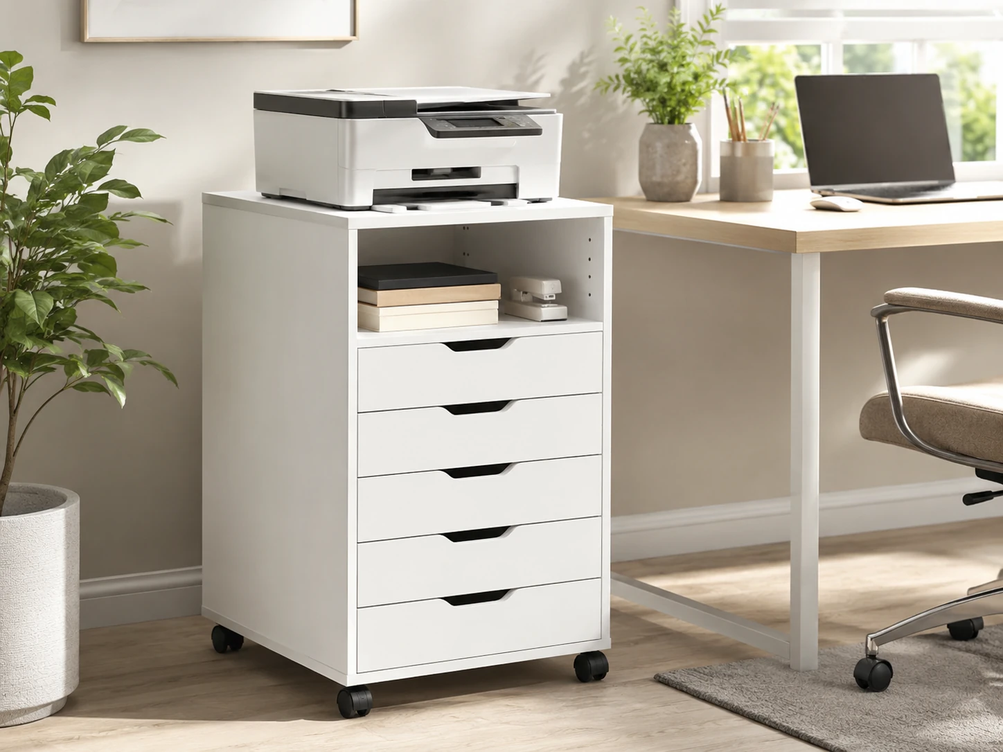 DEVAISE 5-Drawer Wood Storage Cabinet, Adjustable Shelf and Wheels, Printer Stand, White