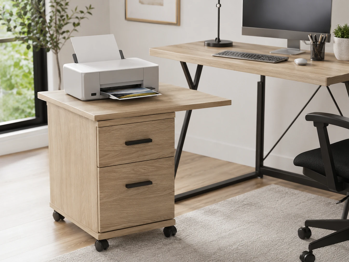GYIIYUO 2-Drawer File Cabinet with 24-Inch Extended Desktop, Mobile Rolling Printer Stand