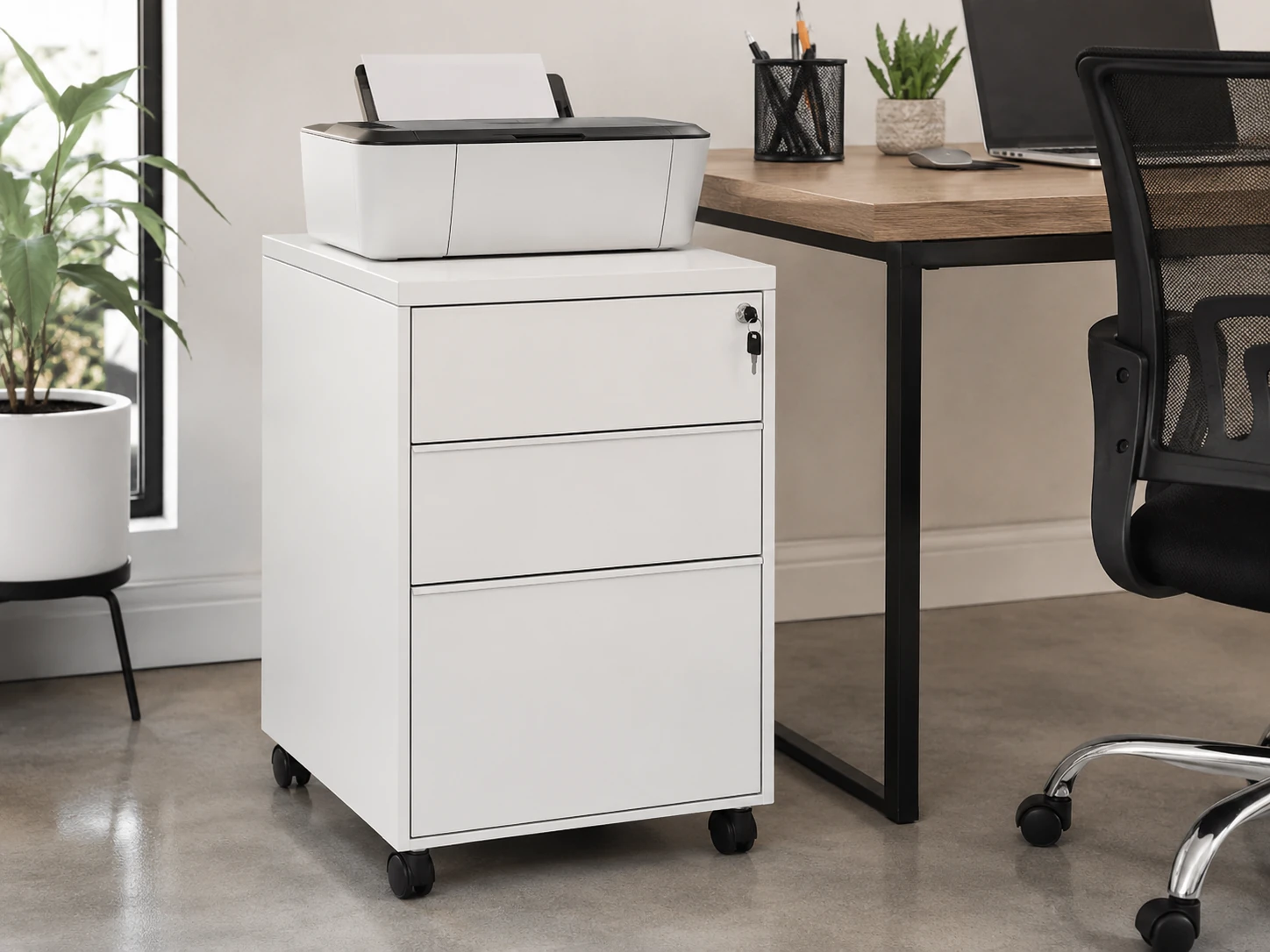 Letaya 3-Drawer Mobile File Cabinet with Lock, Under Desk Metal Filing Cabinet, Printer Stand, White