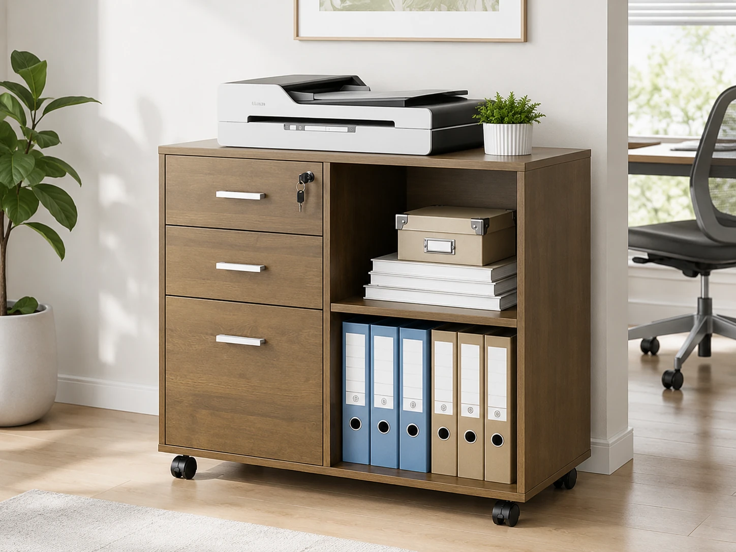 DEVAISE 3-Drawer Mobile File Cabinet, Wood Lateral Filing Cabinet, Printer Stand with Open Shelves