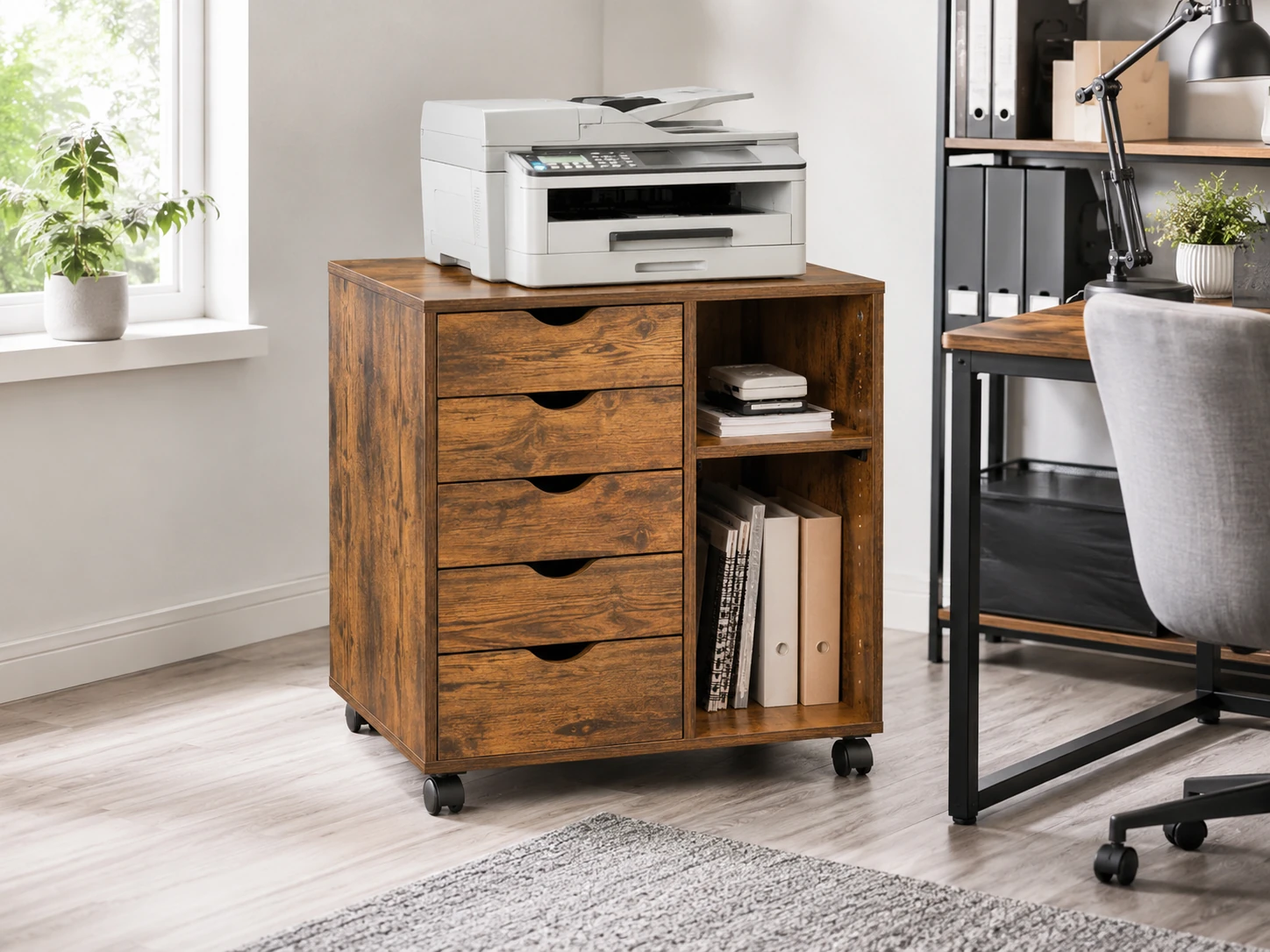 DEVAISE 5-Drawer Wood Storage Cabinet, Printer Stand with Adjustable Shelf and Wheels