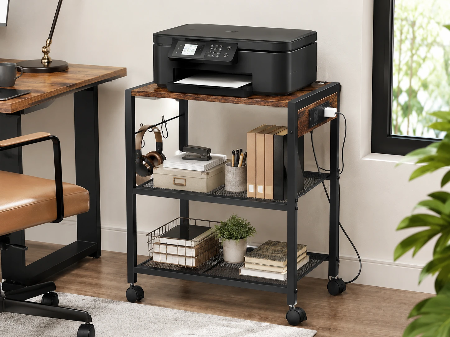 HOOBRO Industrial Printer Stand, 3-Tier Rolling Cart with Power Outlets and USB Ports