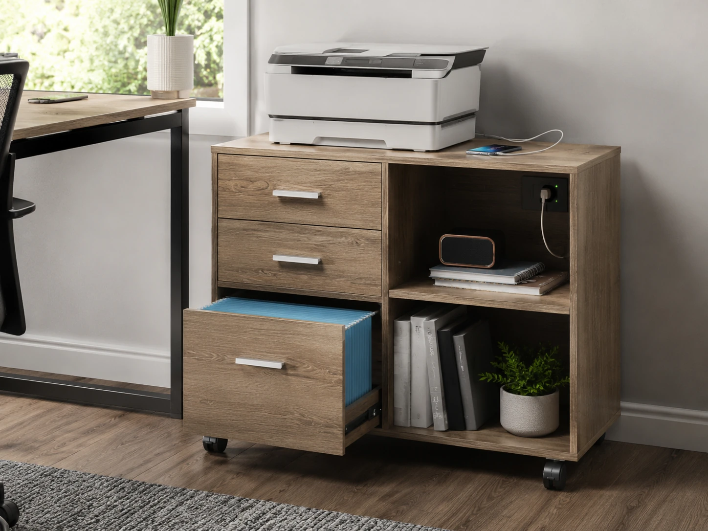 MAHANCRIS File Cabinet with Charging Station, 3-Drawer Lateral Filing Cabinet, Mobile Printer Stand