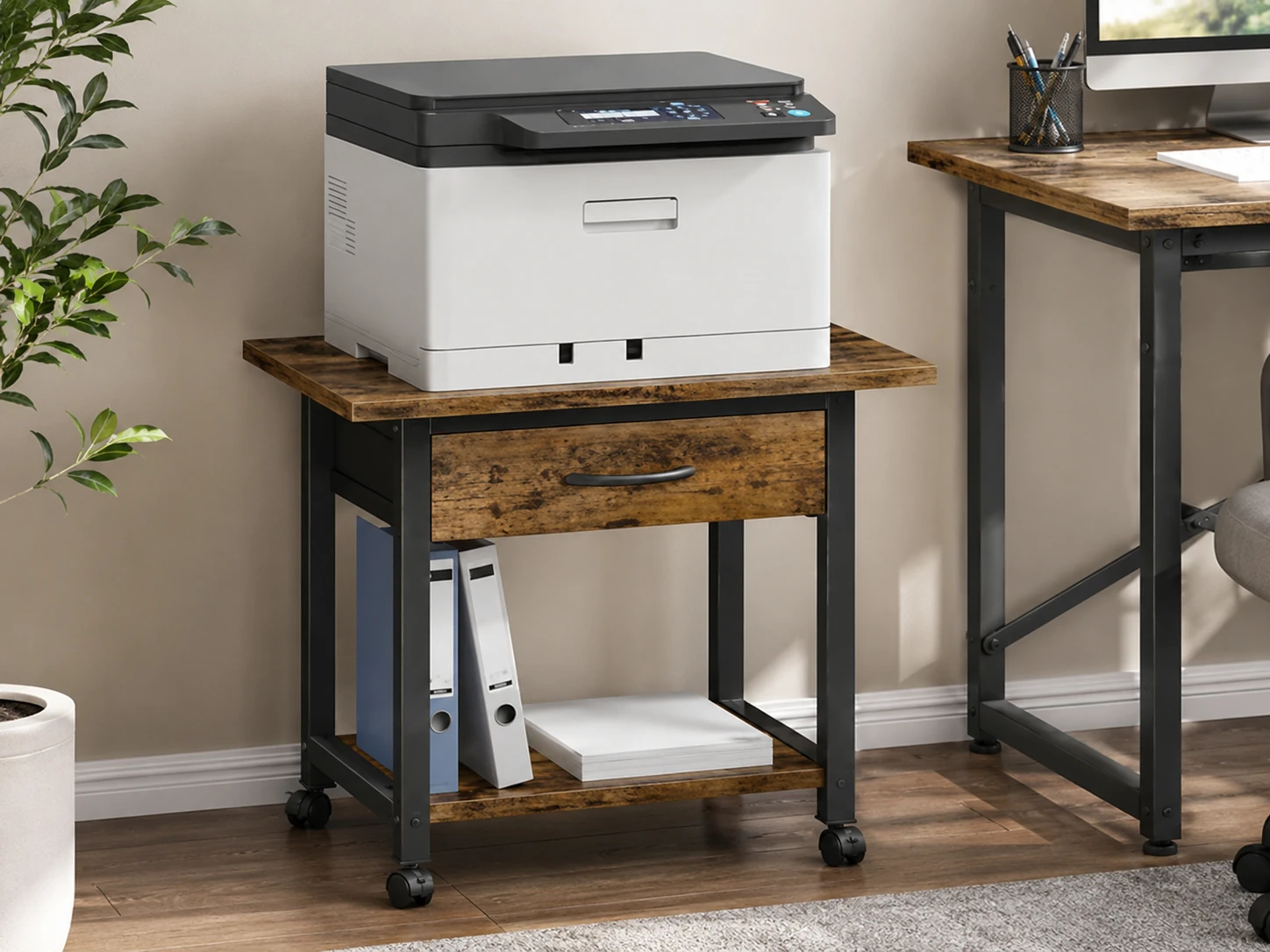 YAOHUOO 22x15 Large Printer Stand with Drawer, 2-Tier Rolling Table Cart