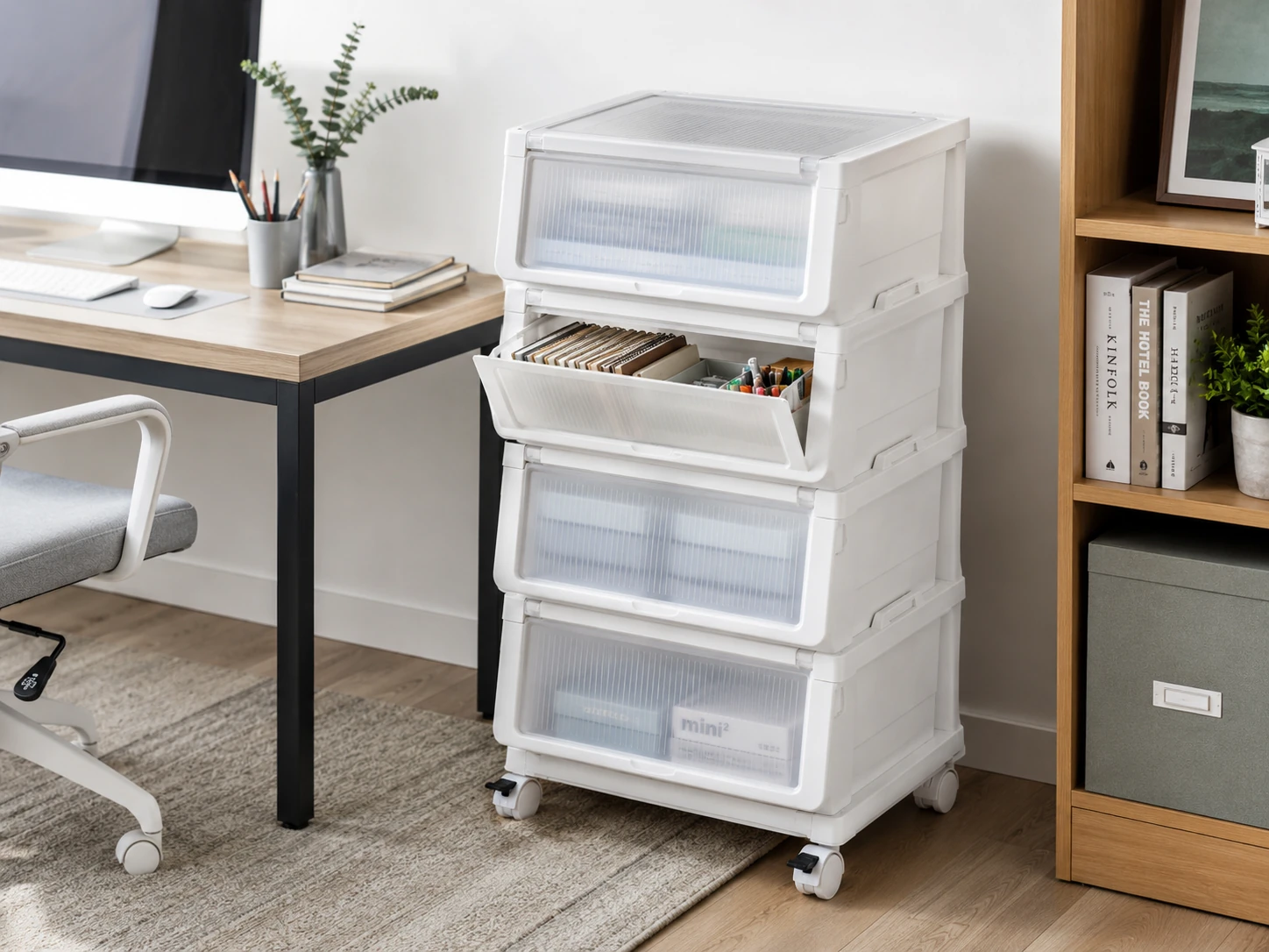 CTSNSLH 4-Tier Stackable Storage Bins with Wheels, 93 Qt, Translucent Lids, White
