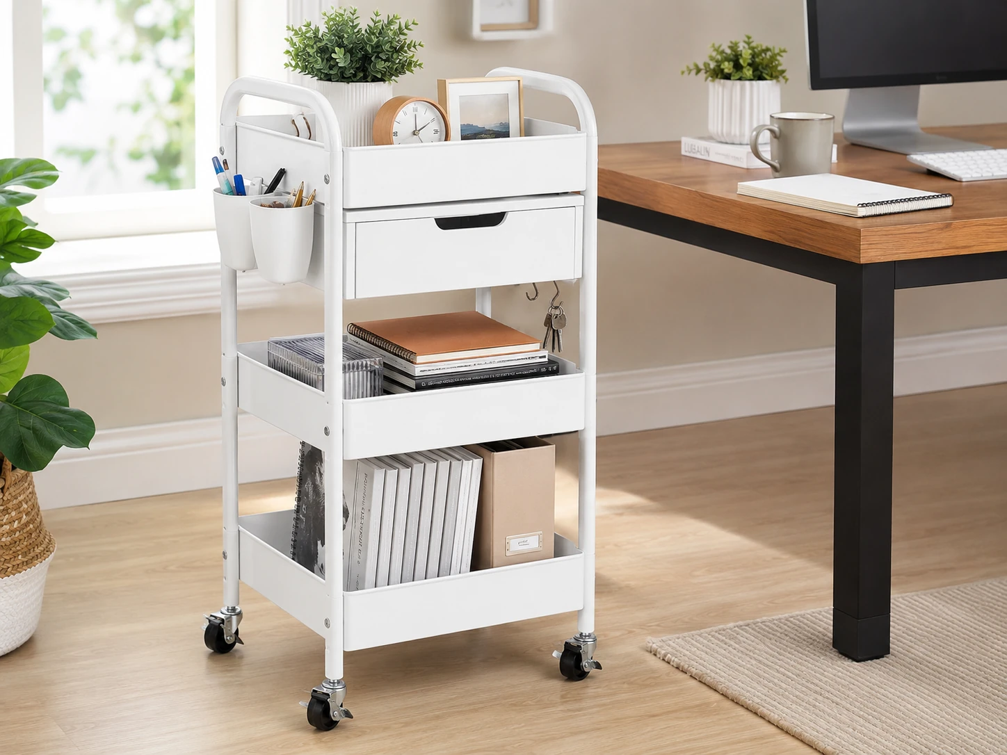 Goovilla 3-Tier Rolling Utility Cart, Removable Drawer, 124 lbs, Cups and Hooks, White