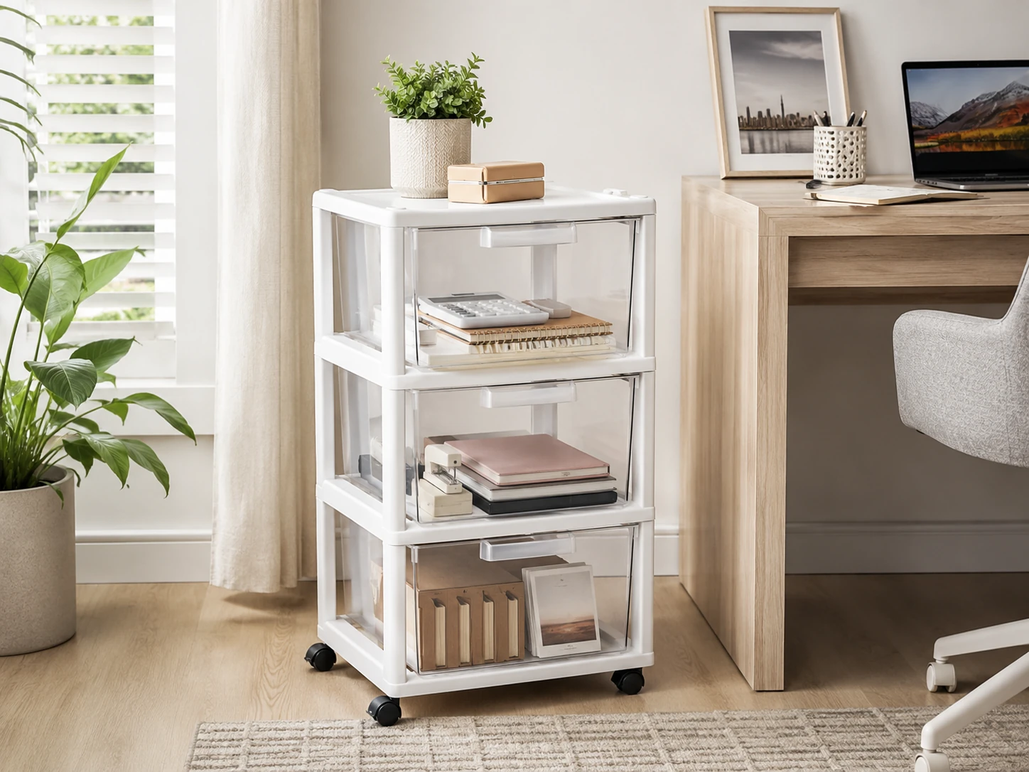 HOMZ 3-Tier Rolling Storage Cart, 3 Clear Drawers, Removable Wheels, White