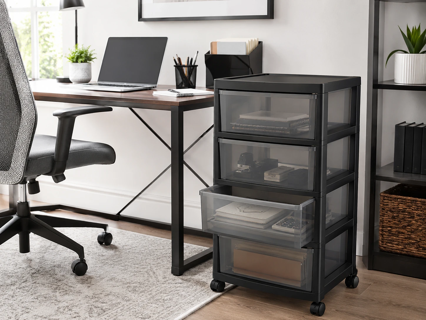 HOMZ 4-Tier Plastic Storage Organizer Cart, 4 Drawers, 360-Degree Casters, Black/Smoke