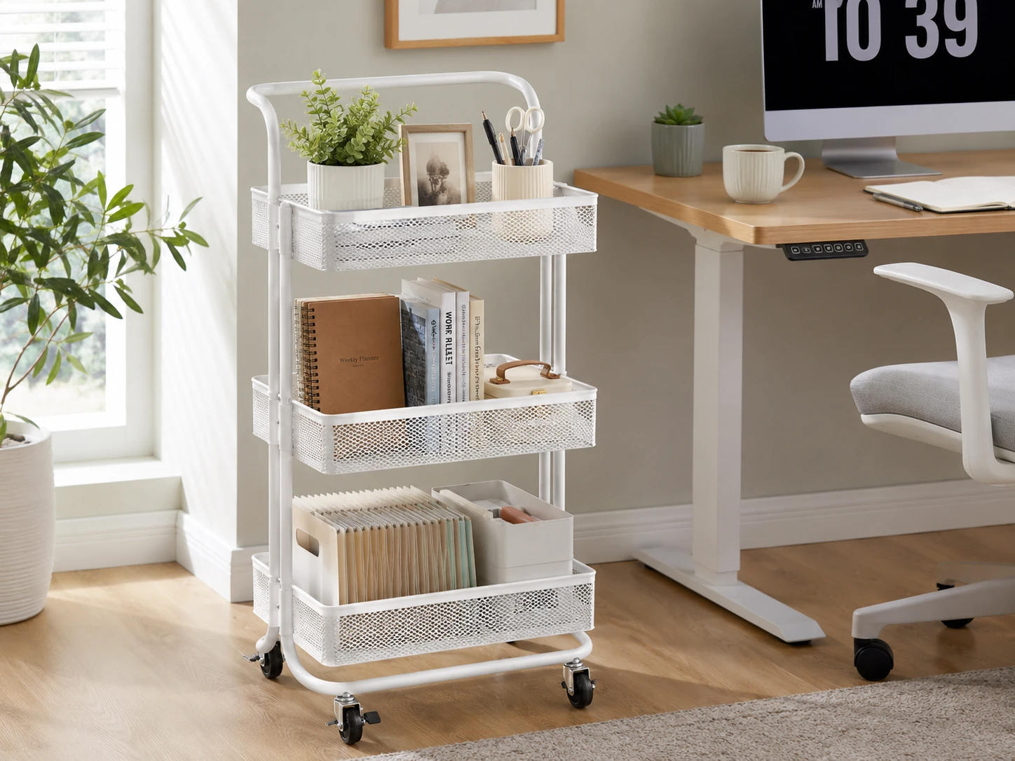 Pipishell 3-Tier Rolling Cart, Metal, 22 lbs Per Shelf, Handle and 2 Lockable Wheels, White