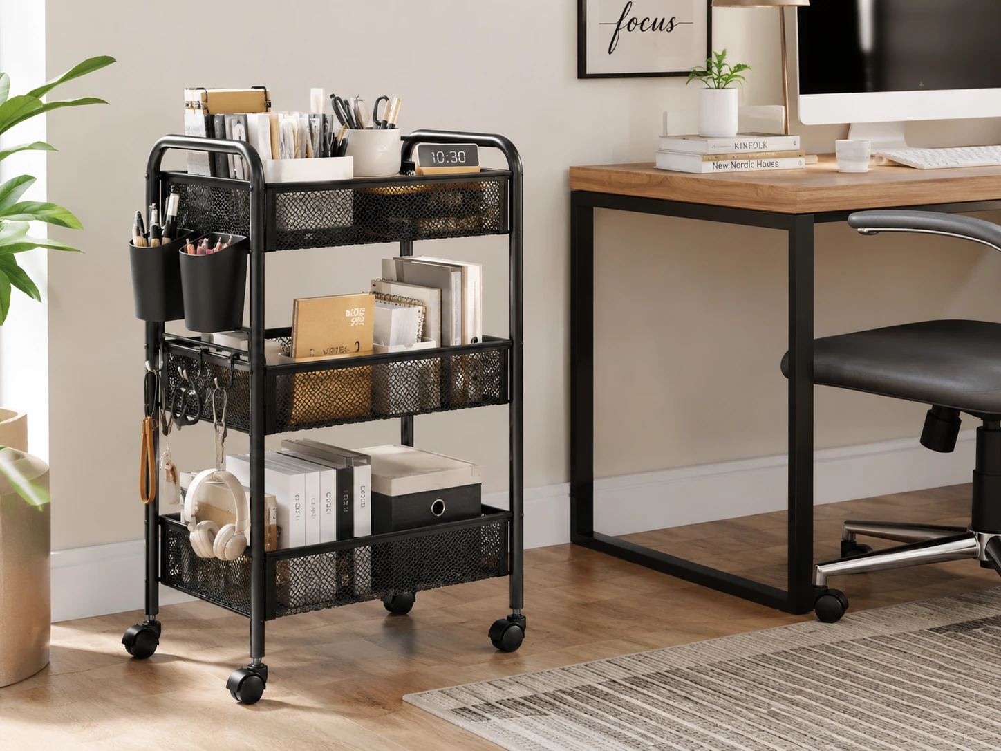YASONIC 3-Tier Rolling Cart, Metal Mesh Baskets, Hanging Cups and Hooks, 66 lbs, Black