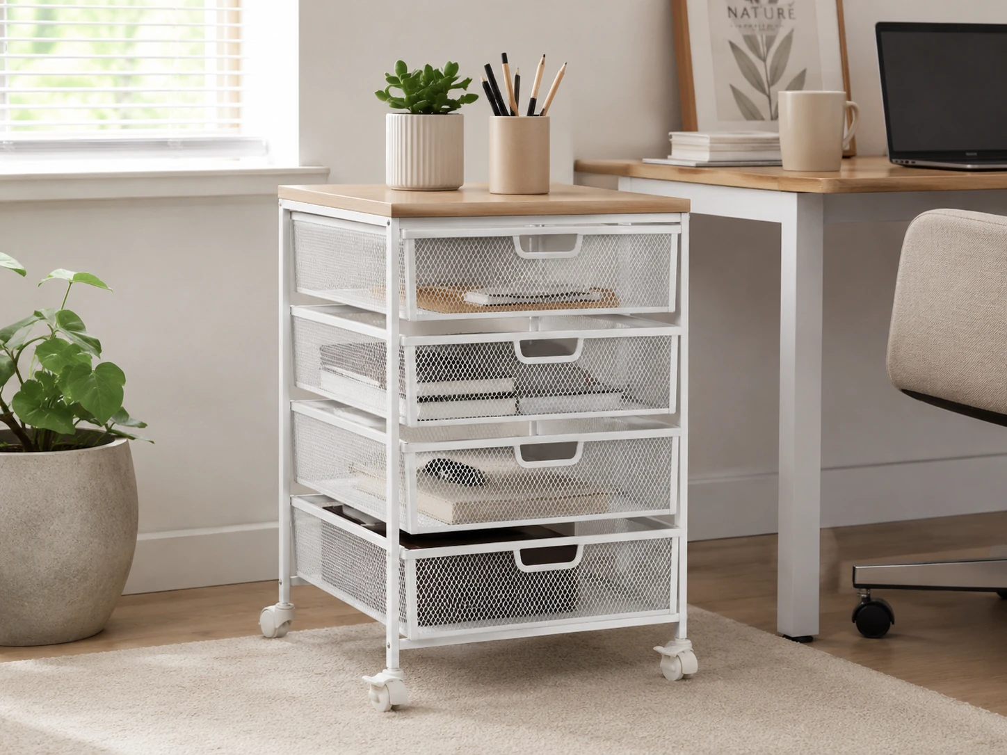 Aokitsink 4-Drawer Rolling Storage Cart, 150 lbs, Metal Frame with Wood Top, Diamond Mesh