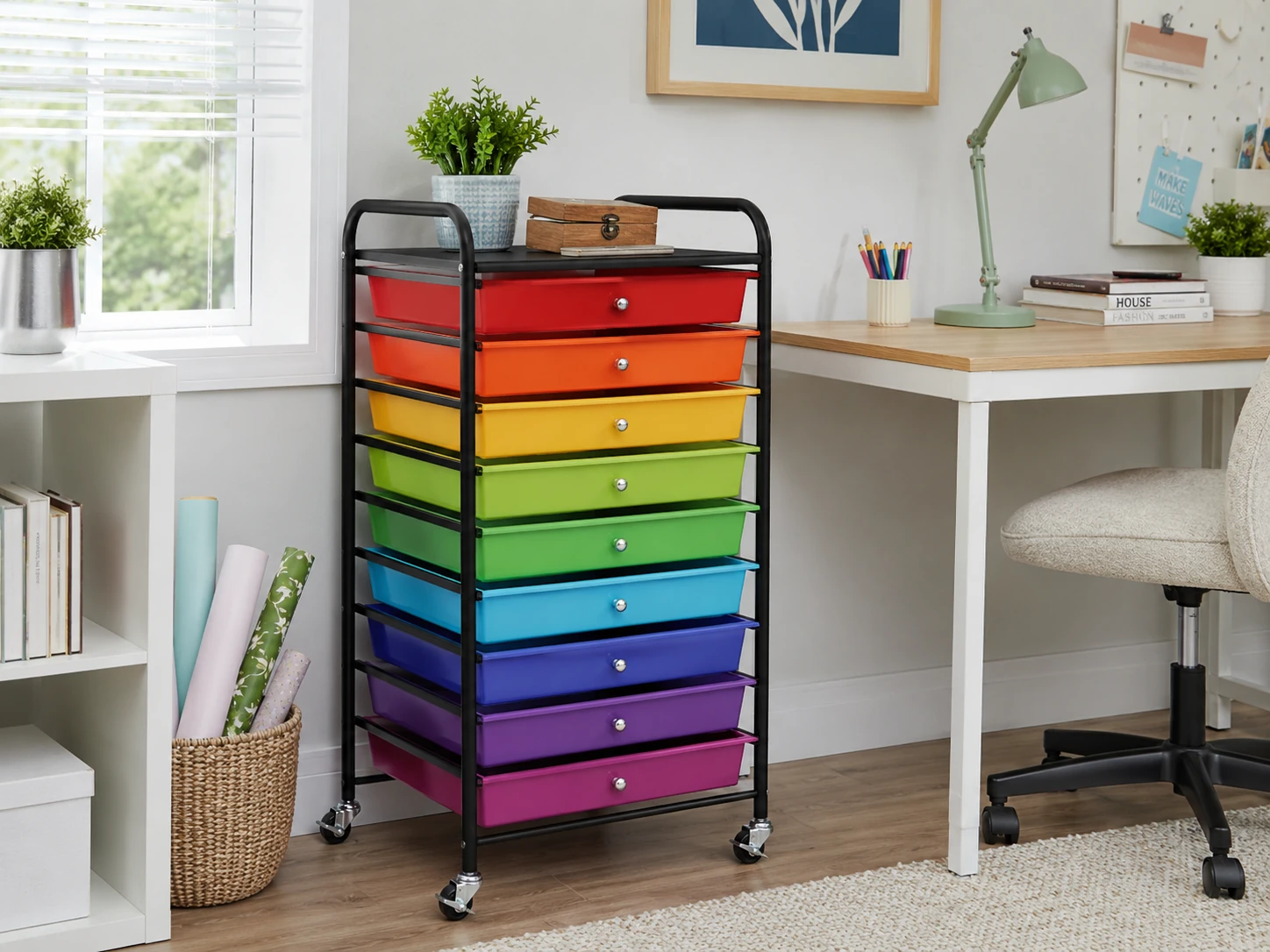 COSTWAY 10-Drawer Rolling Storage Cart, Galvanized Metal Frame, Rainbow or Black Option