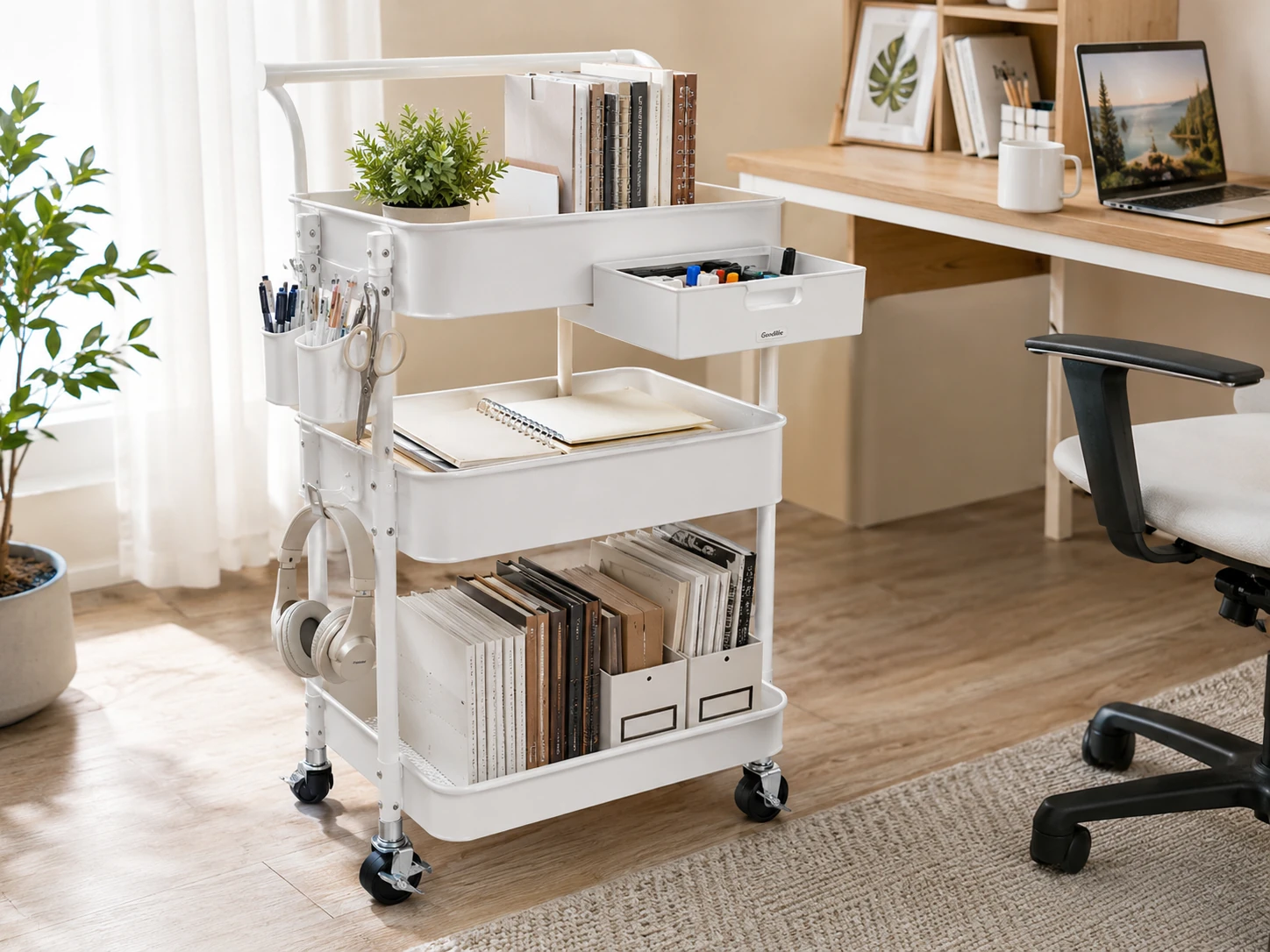 Goovilla 3-Tier Rolling Utility Cart, Removable Drawer, 124 lbs, Cups and Hooks, White