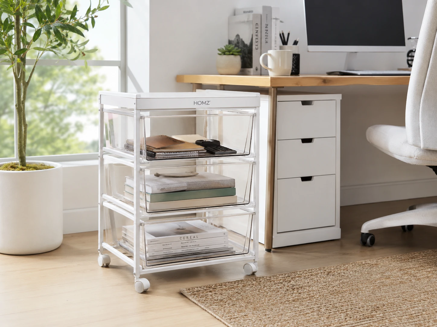 HOMZ 3-Tier Rolling Storage Cart, 3 Clear Removable Drawers, 360-Degree Casters, White