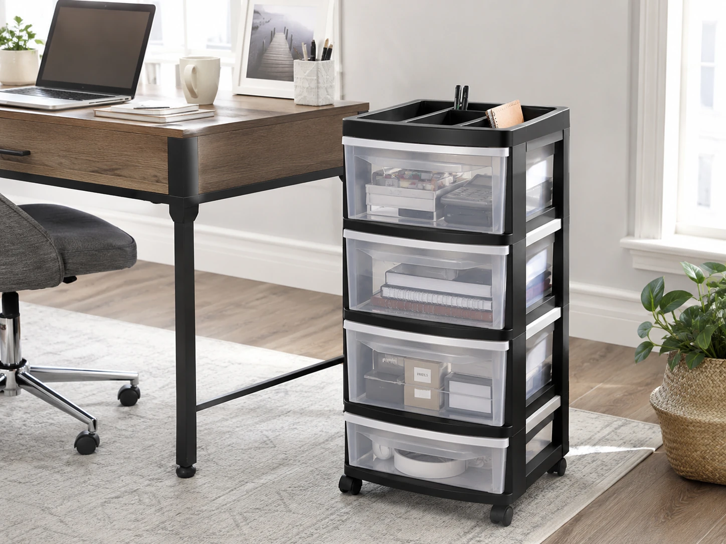 IRIS USA 4-Drawer Plastic Storage Organizer Rolling Cart, Clear Drawers, Divided Top, Made in USA