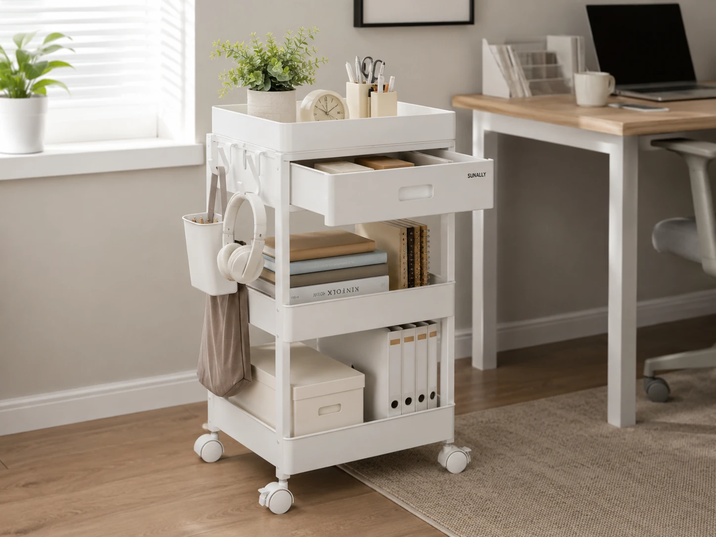 SUNALLY 3-Tier Rolling Cart with Drawer, 124 lbs, Waterproof PP Material, White