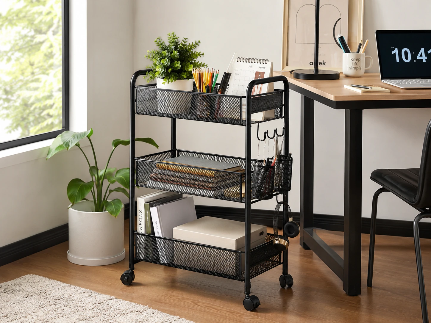 YASONIC 3-Tier Rolling Metal Cart, Mesh Baskets, Hanging Cups and Hooks, 66 lbs, Black