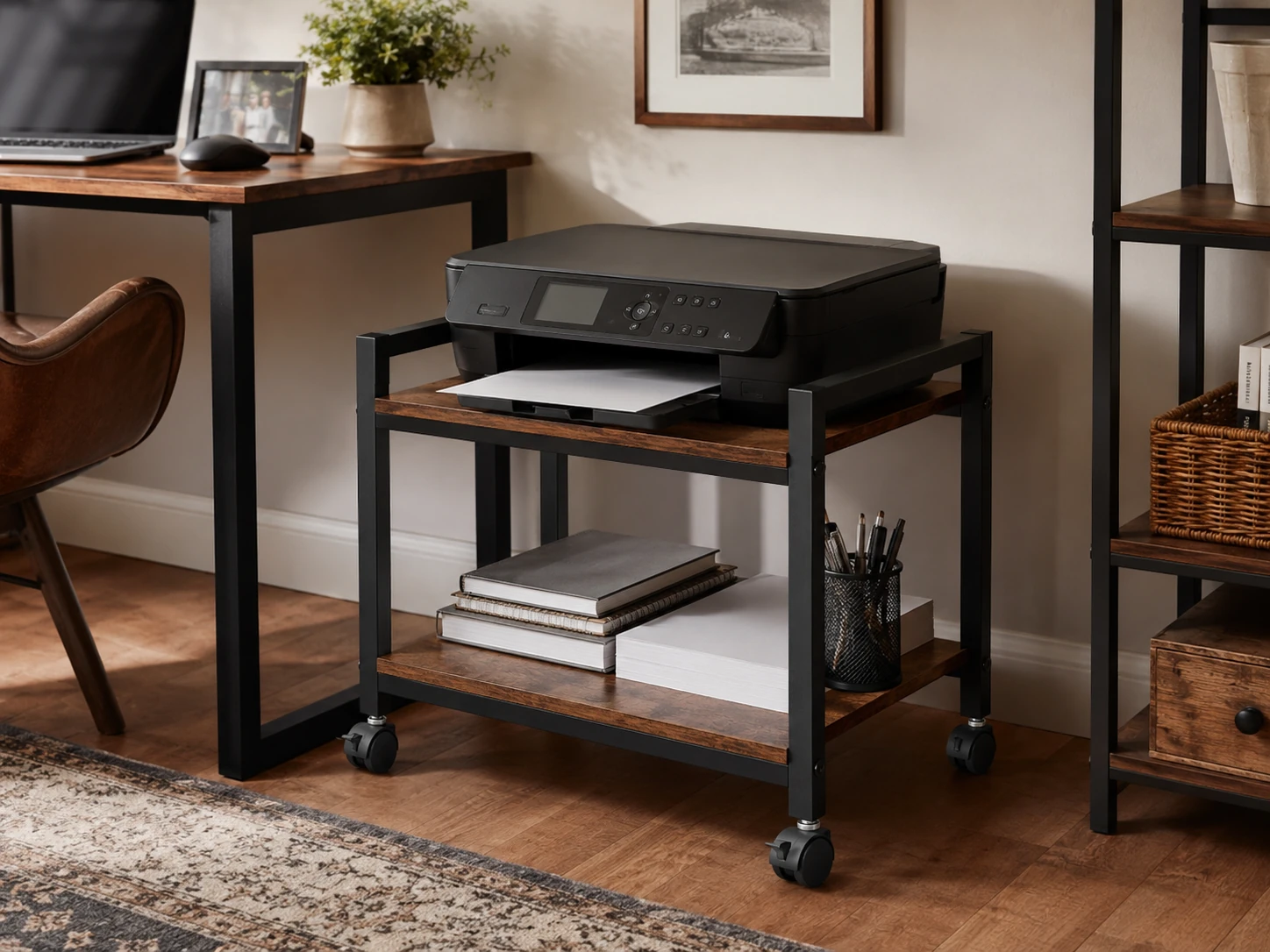 HOOBRO 2-Tier Printer Stand, Industrial Under Desk Cart with Shelf, 88 lbs, Rustic Brown