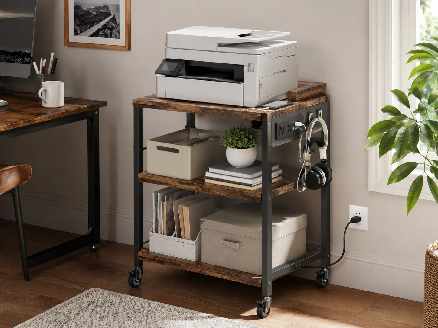 HOOBRO 3-Tier Mobile Printer Table, Rolling Cart with Power Outlet and USB Ports, Rustic Brown