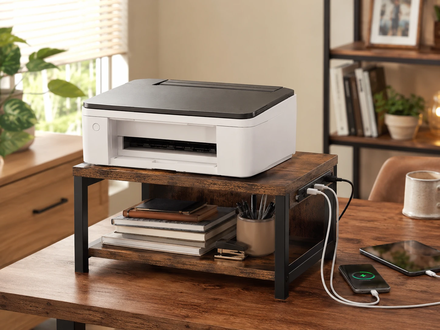 HOOBRO 2-Tier Printer Stand with Charging Station, 1 Outlet and 2 USB Ports, Rustic Brown