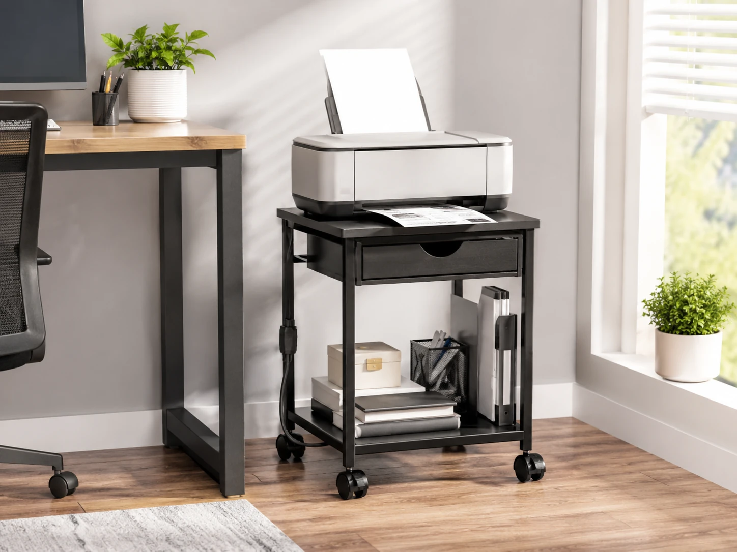 HUANUO Printer Stand with Cable Management and Storage Drawer, 2-Tier, 14.1 inch Wide, Black