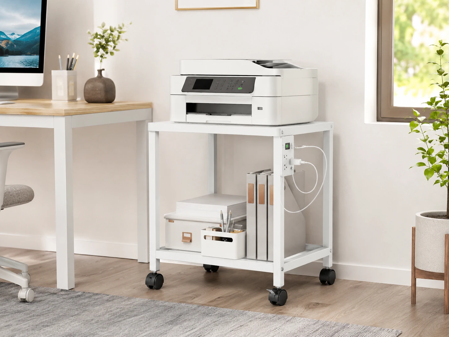 TUTOTAK 2-Tier Printer Stand, Rolling Cart with Power Outlets and USB Ports, White